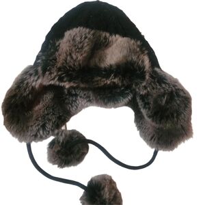 Parkhurst Black Wool Blend Cable Knit Faux Fur Trim Trapper Hat with Pom Poms